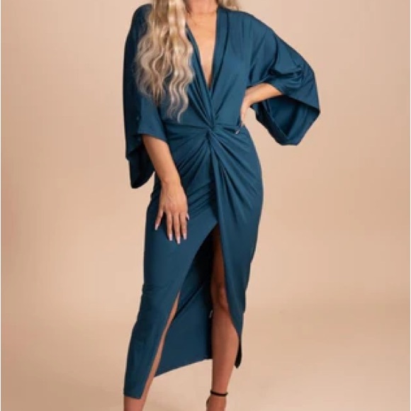 Teal Asymmetrical Ruched Dress - Picture 2 of 2